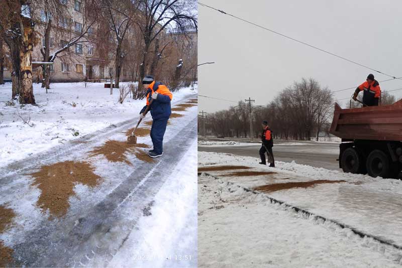 В Новотроицке коммунальщики вышли на борьбу с гололедом