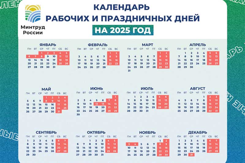 Минтруд подготовил проект постановления Правительства о переносе выходных дней в 2025 году